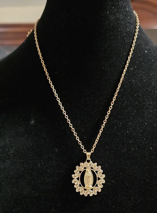 Gold Crystal Virgin Mary Pendant Necklace - Women Jewelry - Picture 2 of 6